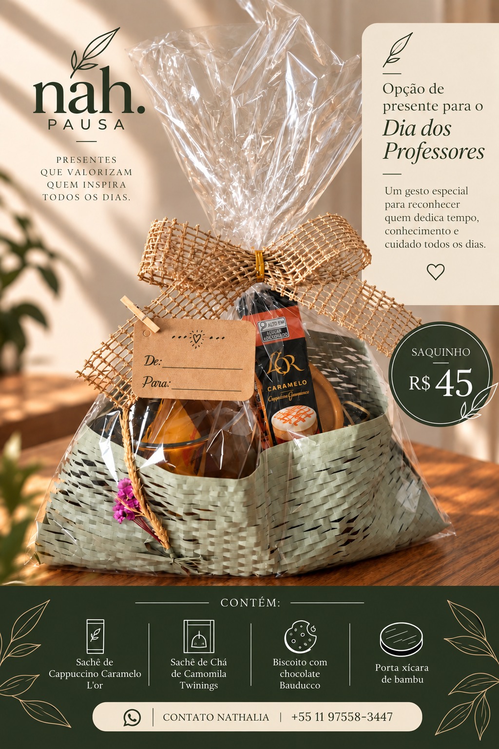 Presente embalado com laço de trama natural e etiqueta De e Para.