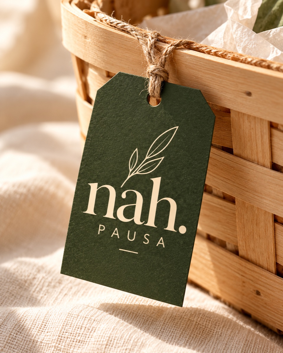 Imagem ilustrativa de uma tag verde Nah.Pausa, com o logo completo, presa a uma cesta de madeira